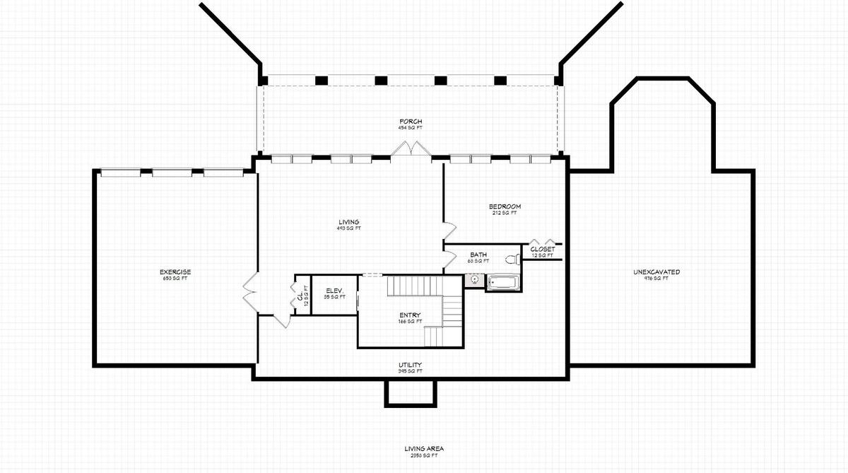 Basement plan showing exercise area, swim spa level, elevator, living area, utility area, and support spaces