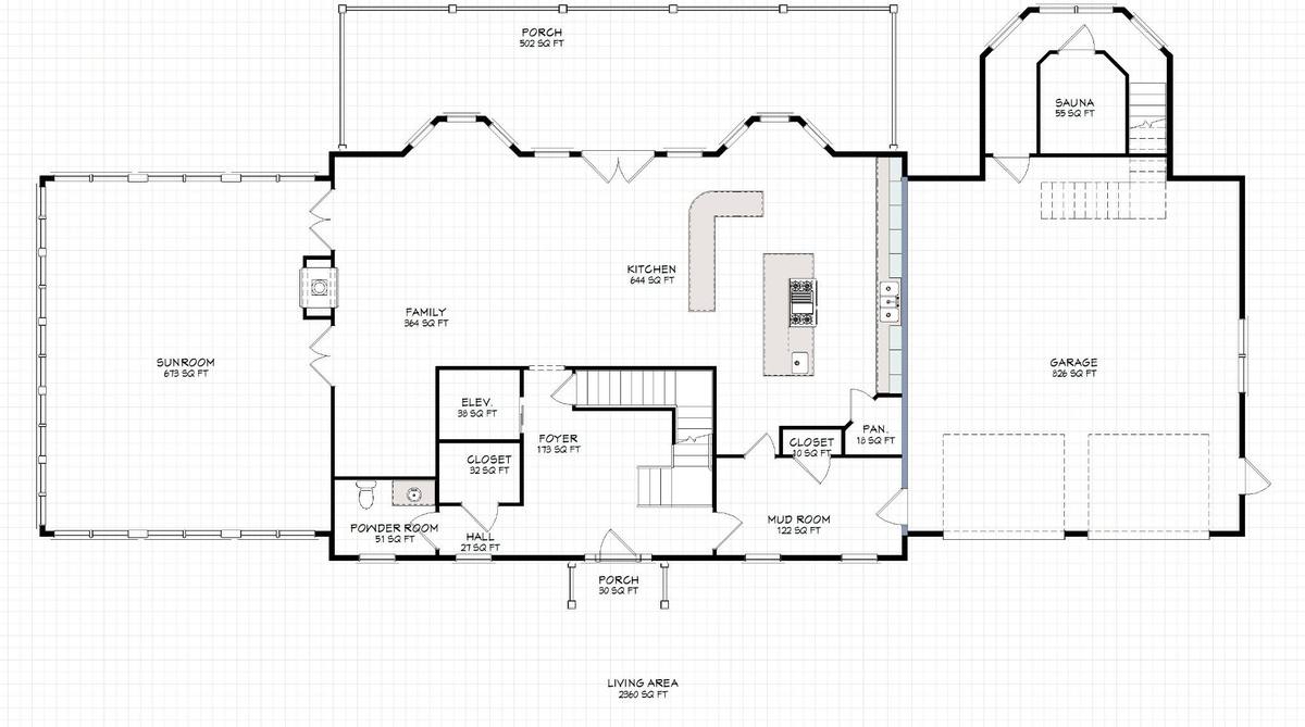 First floor plan showing solarium, family area, kitchen, mud room, garage, sauna, elevator, porch, and deck areas
