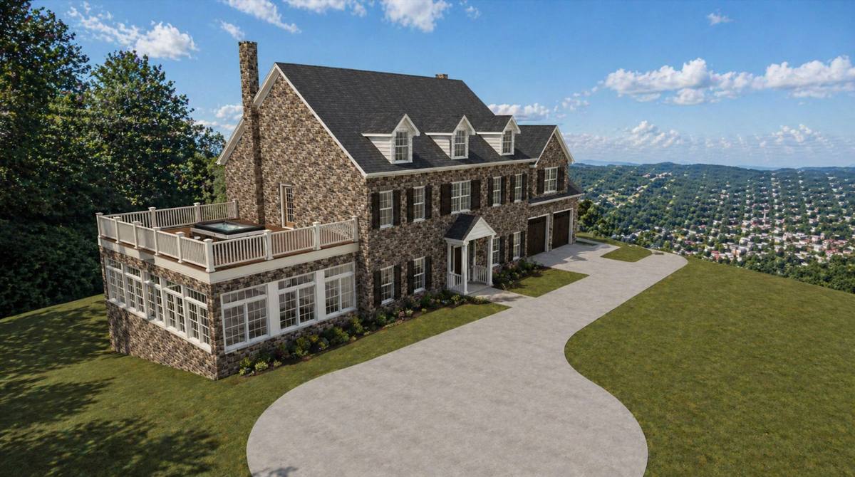 Rendered downhill view of the custom new home with stone exterior, solarium, rooftop deck, and countryside views