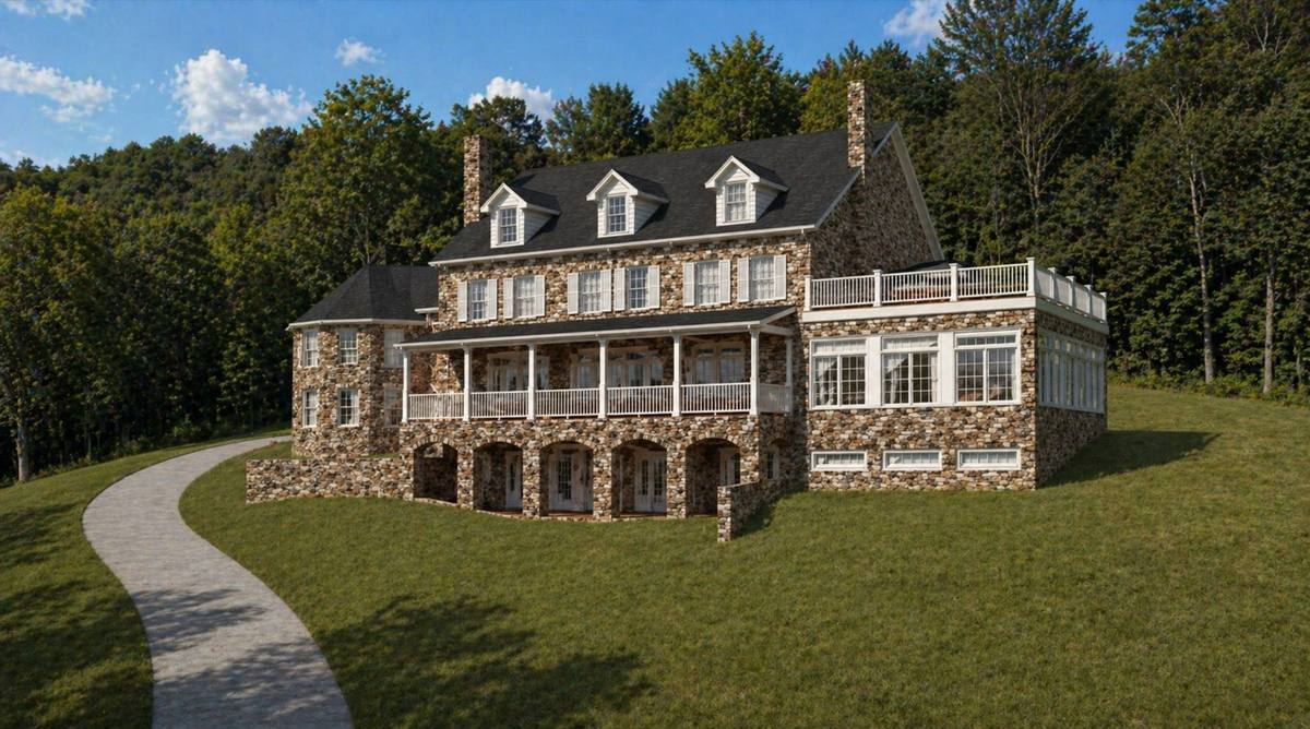 Rendered uphill view of the custom new home with wooded background and rear exterior features