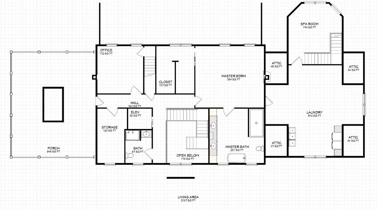 Second floor plan showing primary suite, office, laundry, spa room, elevator, porch, storage, and attic spaces