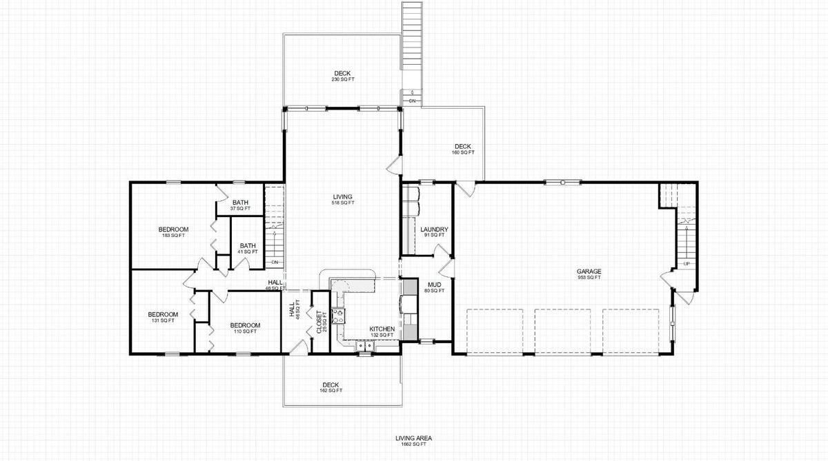 First floor plan showing renovated main level, reworked living area, mudroom, laundry, decks, and three-car garage