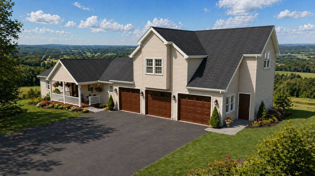 Rendered front perspective of a renovated ranch home with three-car garage, in-law suite, porch, landscaping, and meadow views