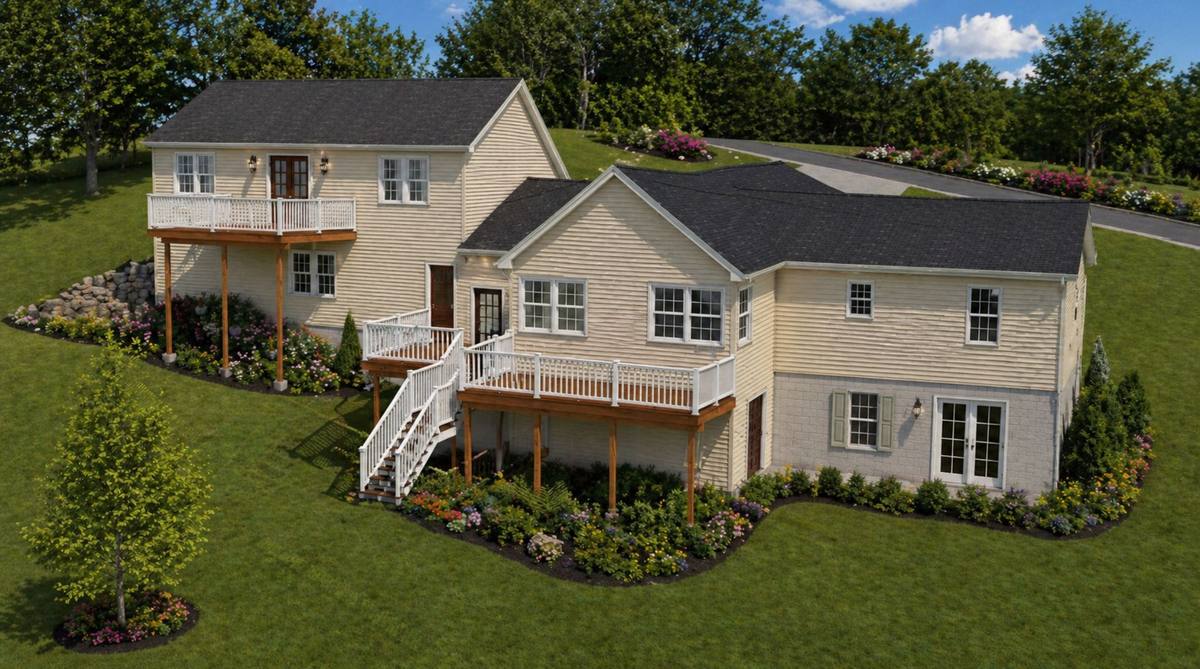 Rendered rear perspective showing the addition, decks, stairs, in-law suite, and landscaped hillside