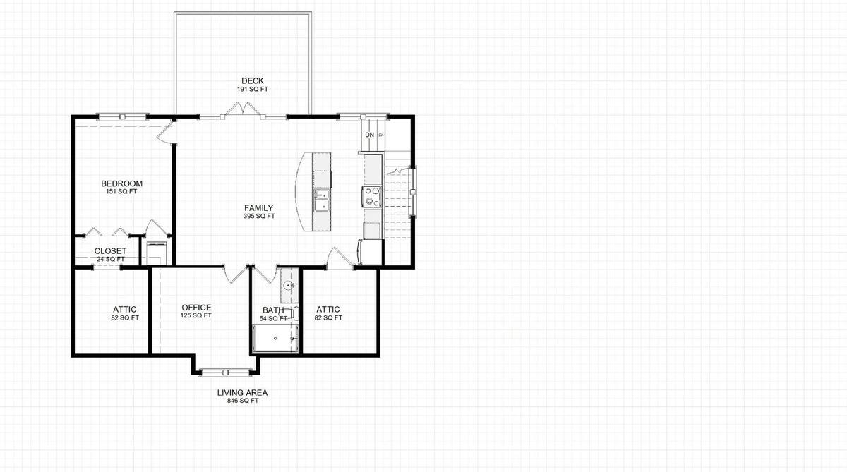 Second floor plan showing private suite above the garage with family area, kitchen, bedroom, bathroom, office, attic storage, and deck