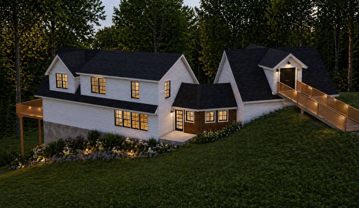 Rendered rear perspective of family home addition with connecting room, garage, storage loft, and equipment ramp