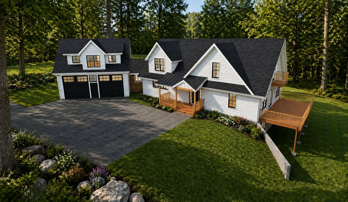 Rendered front perspective of a family home expansion with attached oversized garage, porch, deck, and wooded hillside setting