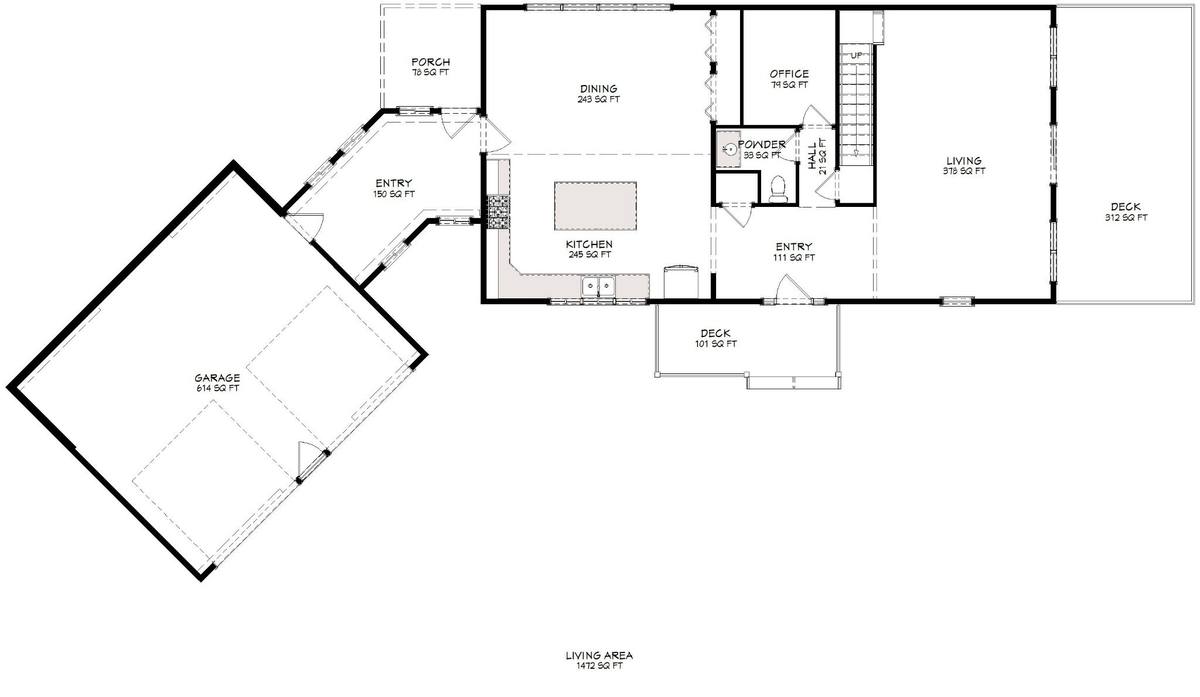 Proposed first floor plan with new entry, expanded eat-in kitchen, connecting room, oversized garage, deck, and porch