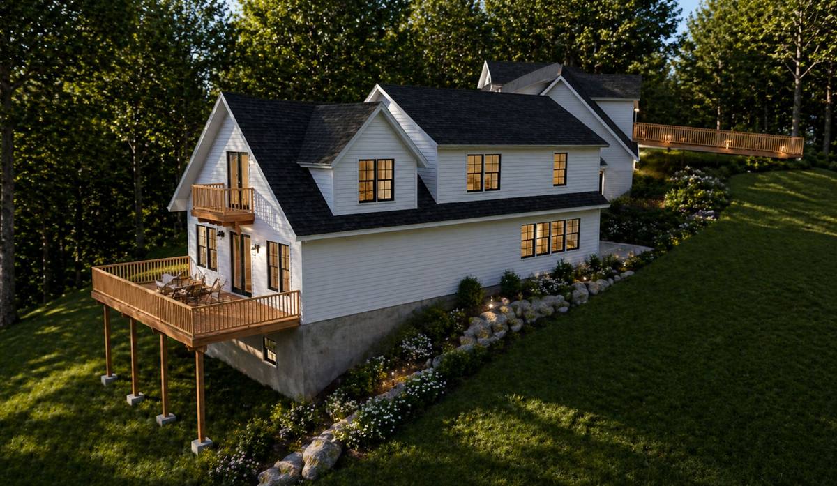 Rendered side perspective of expanded family home with rear deck and garage loft access in a wooded hillside setting