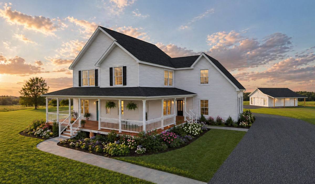 Rendered view of the proposed renovation and addition in an open rural setting