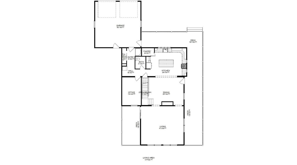 Proposed first-floor plan showing living room addition, expanded kitchen, dining area, pantry, and entry improvements