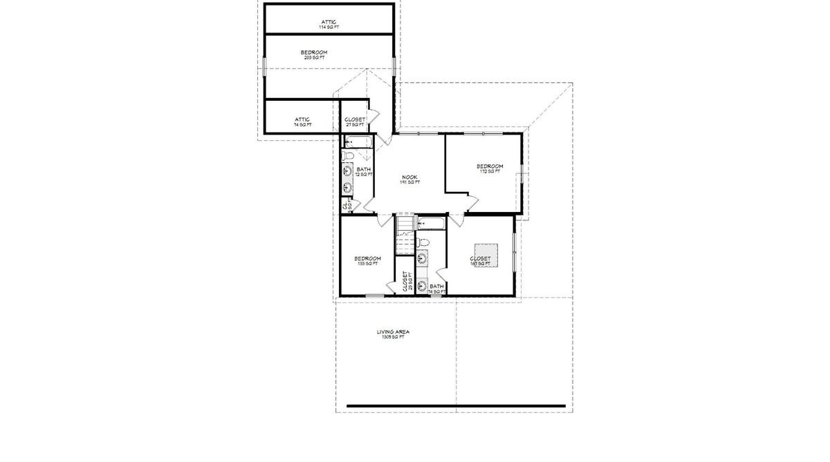 Proposed second-floor plan showing expanded primary suite bathroom and walk-through closet