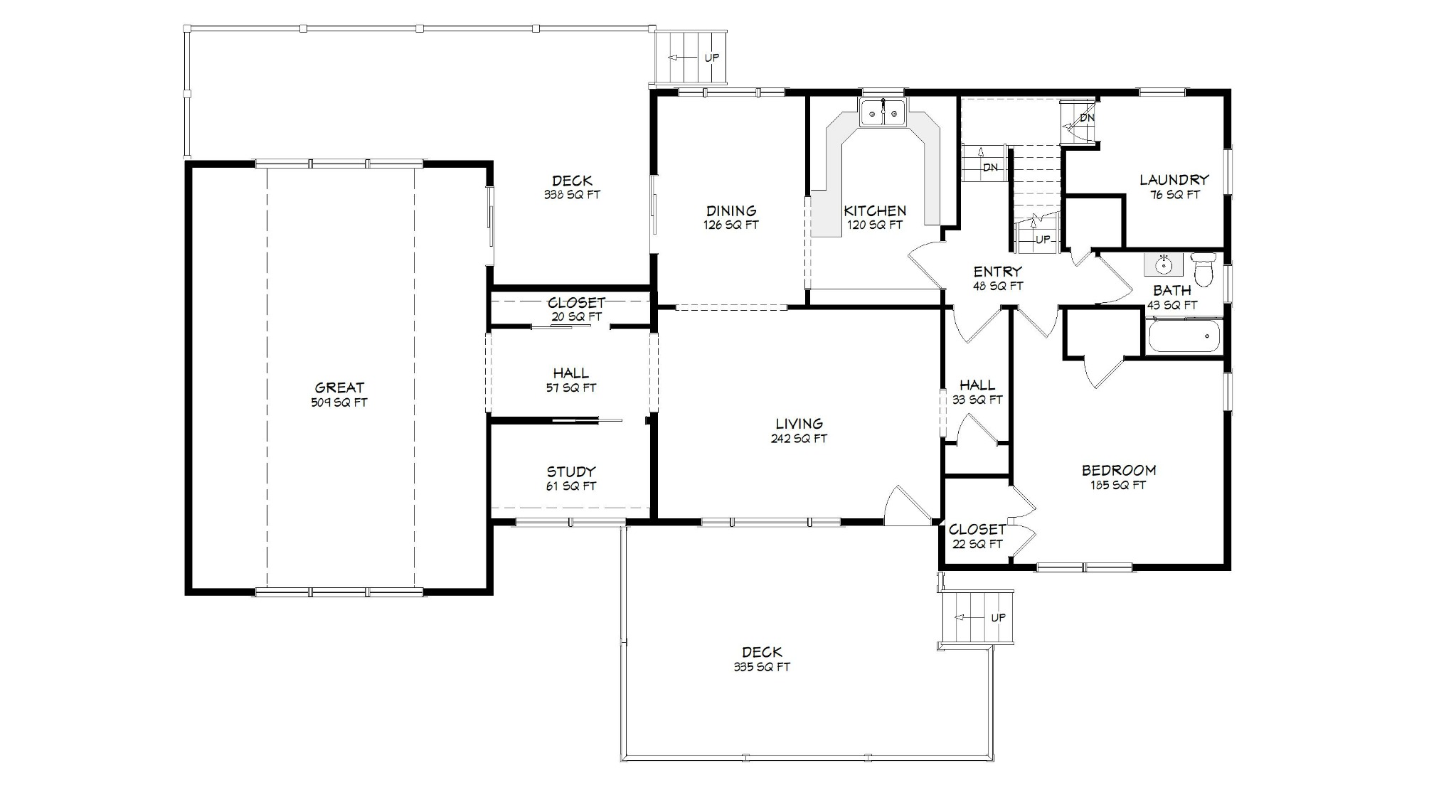 Proposed first-floor plan showing the Residence smoke room, dining area, great room, deck, and related changes