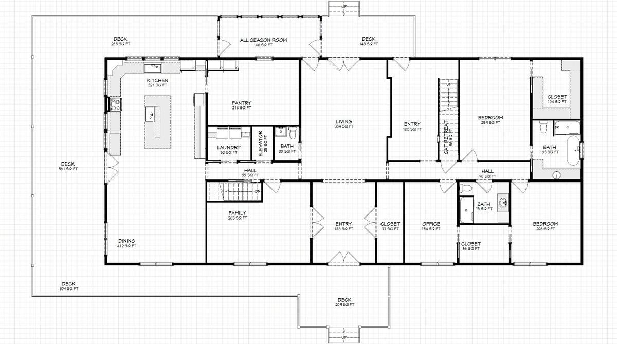 Proposed basement plan for the Residence with garage, living area, deck, and lower-level access