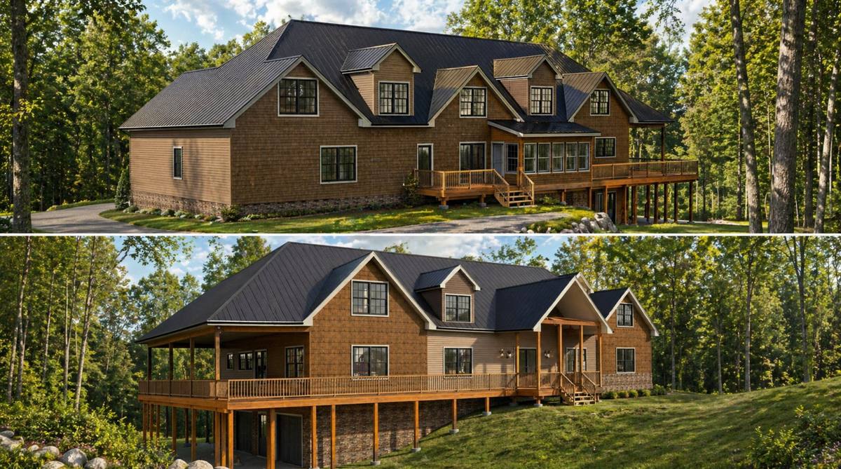 Rendered front and rear perspectives of the proposed Residence in a wooded setting